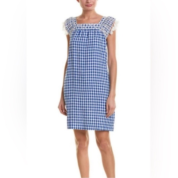 J. McLaughlin Dresses & Skirts - J. McLaughlin Linen Kris Dress Size XL Blue White Gingham Shift Tassel Pockets